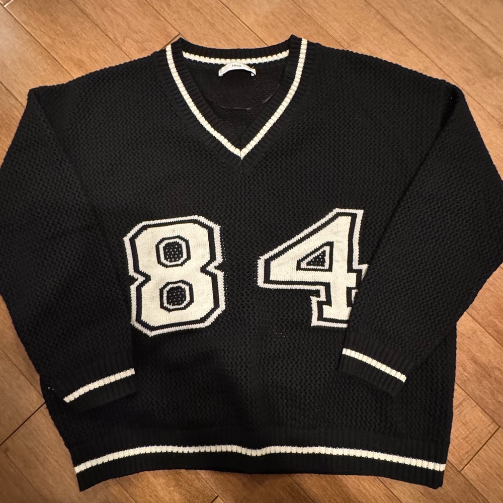 Mango Black V-Neck Knit Sweater with White '84' Detailing